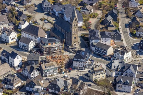 Aerial view, Construction site, New residential and commercial building Bahnhofstraße at the