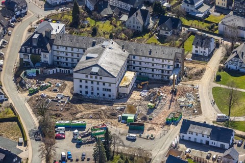 Aerial photo, construction site and demolition of nurses' home at St. Josefs-Hospital, Olsberg,