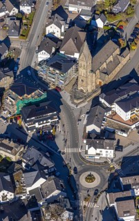 Aerial view, town centre with parish church St. Nikolaus in Olsberg, Sauerland, North
