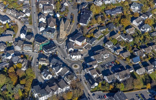 Aerial view, town centre with parish church St. Nikolaus in Olsberg, Sauerland, North