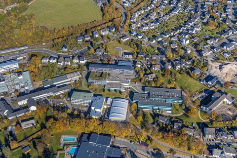 Aerial view, secondary school Olsberg and secondary school Olsberg-Bestwig and sports hall in