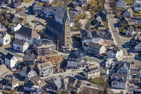 Aerial view, Construction site, New residential and commercial building Bahnhofstraße at the