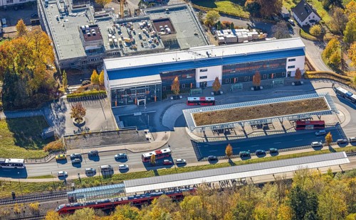 Aerial view, bus station and construction work at the vocational college Olsberg of the HSK in