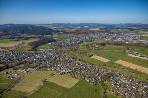 Aerial view, local view, new cemetery, spa gardens, farm Hof Ax, Schmallenberg, Sauerland, North
