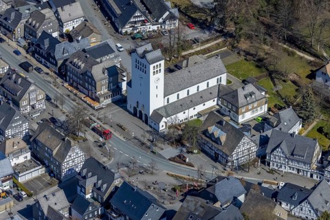 Aerial view, Catholic parish church of St George in Fredeburg, Schmallenberg, Sauerland, North