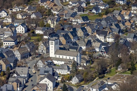 Aerial view, Catholic parish church of St George in Fredeburg, Schmallenberg, Sauerland, North