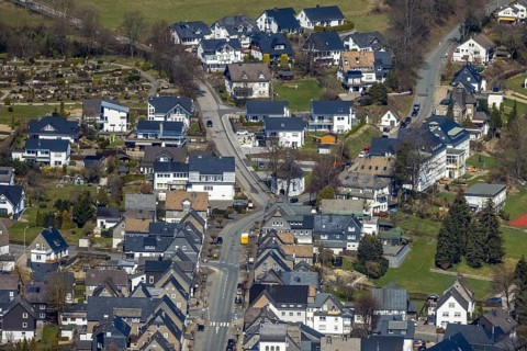 Aerial view, Catholic town chapel, Holy Cross Chapel, Fredeburg, Schmallenberg, Sauerland, North