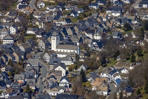 Aerial view, Catholic parish church of St George in Fredeburg, Schmallenberg, Sauerland, North