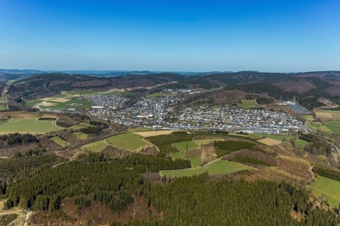Aerial view, construction site and new construction of the bypass L776n Bad Fredeburg, Fredeburg,