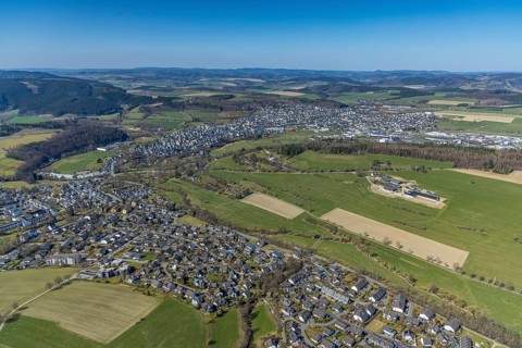 Aerial view, local view, new cemetery, spa gardens, farm Hof Ax, Schmallenberg, Sauerland, North