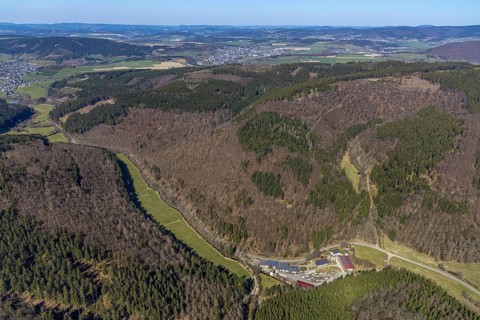 Aerial view, Mountains and valleys Waidmannsruh, Sawmill Gebr. Coal, Schmallenberg, Sauerland,