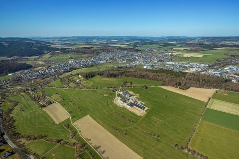 Aerial view, local view, new cemetery, spa gardens, farm Hof Ax, Schmallenberg, Sauerland, North