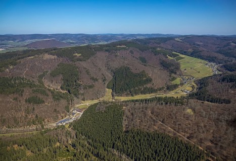 Aerial view, Mountains and valleys Waidmannsruh, Sawmill Gebr. Coal, living and living in Latrop,