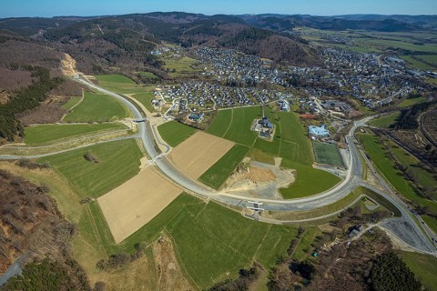 Aerial view, construction site and new construction of the L776n bypass Bad Fredeburg, Fredeburg,