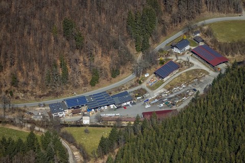 Aerial view, Mountains and valleys Waidmannsruh, Sawmill Gebr. Coal, Schmallenberg, Sauerland,