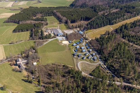 Aerial view, mountain village LiebesGrün and youth hostel, Schmallenberg, Sauerland, North