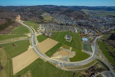 Aerial view, construction site and new construction of the L776n bypass Bad Fredeburg, Fredeburg,