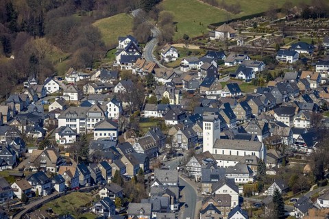 Aerial view, Catholic parish church of St George in Fredeburg, Schmallenberg, Sauerland, North