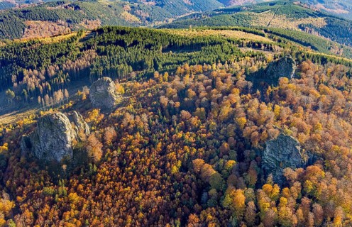 Aerial view, autumn forest and Bruchhauser Steine in the district Bruchhausen in Olsberg,