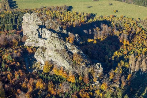 Aerial view, autumn forest and Bruchhauser Steine in the district Bruchhausen in Olsberg,