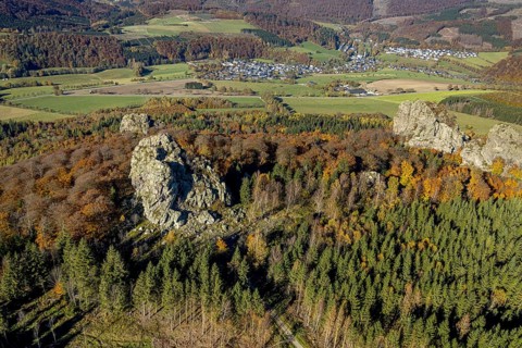 Aerial view, autumn forest and Bruchhauser Steine in the district Bruchhausen in Olsberg,