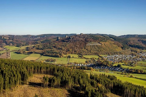 Aerial view, autumn forest and Bruchhauser Steine in the district Bruchhausen in Olsberg,