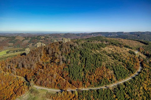 Aerial view, autumn forest and Bruchhauser Steine in the district Bruchhausen in Olsberg,