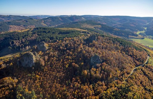 Aerial view, autumn forest and Bruchhauser Steine in the district Bruchhausen in Olsberg,