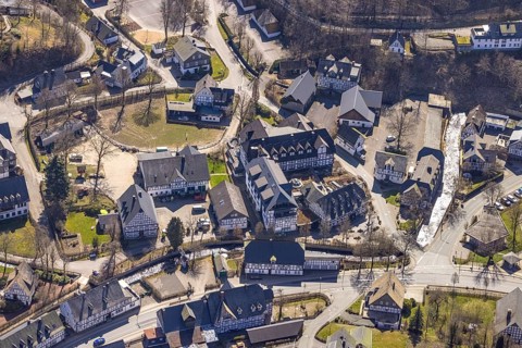 Aerial view, Landhotel Gasthof Schütte in the town centre, Oberkirchen, Schmallenberg, Sauerland,