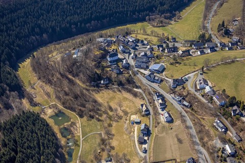 Aerial view, nature reserve Rehhecke, parish church St. Hubertus Nordenau and view of Nordenau,