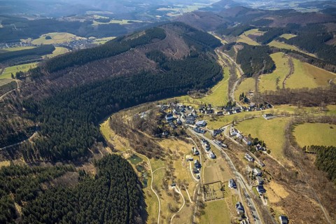 Aerial view, nature reserve Rehhecke, parish church St. Hubertus Nordenau and view of Nordenau,