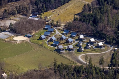 Aerial view, mountain village LiebesGrün, Schmallenberg, Sauerland, North Rhine-Westphalia,