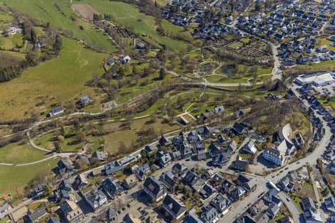 Aerial view, Town Hall, spa garden and New Cemetery, Schmallenberg, Sauerland, North
