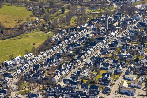 Aerial view, housing estate Weststraße and Oststraße Parallele, St.-Alexander-Kirche,
