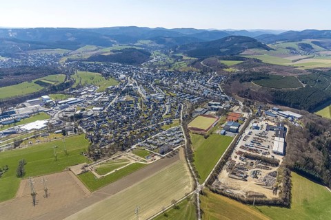 Aerial view, construction site, construction area Altes Feld II, Breslauer Straße, Schmallenberg,