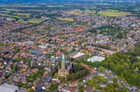 Aerial view, St. Anthony's Basilica Catholic Church in Rheine City in Rheine, Münsterland, North
