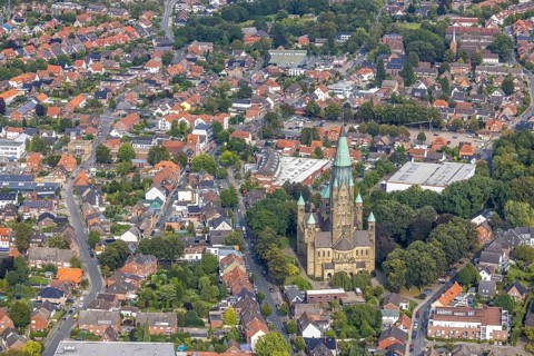 Aerial view, St. Anthony's Basilica Catholic Church in Rheine City in Rheine, Münsterland, North