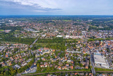 Aerial view, view of the town and the catholic church St. Antonius-Basilika in Rheine-Stadt in