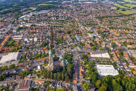 Aerial view, St. Anthony's Basilica Catholic Church in Rheine City in Rheine, Münsterland, North