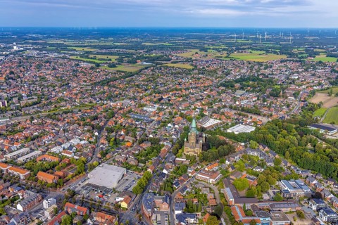 Aerial view, St. Anthony's Basilica Catholic Church in Rheine City in Rheine, Münsterland, North