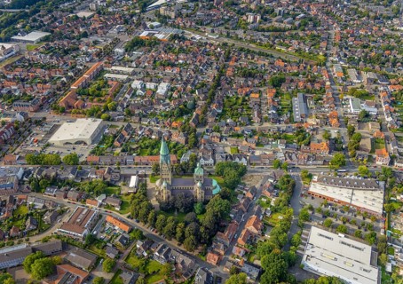 Aerial view, St. Anthony's Basilica Catholic Church in Rheine City in Rheine, Münsterland, North