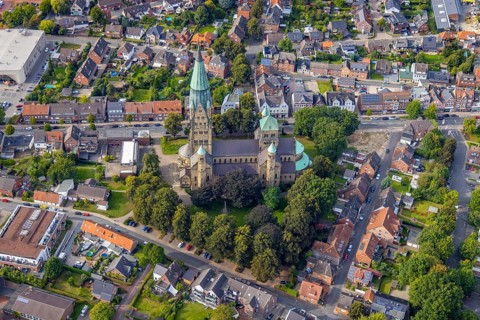Aerial view, St. Anthony's Basilica Catholic Church in Rheine City in Rheine, Münsterland, North