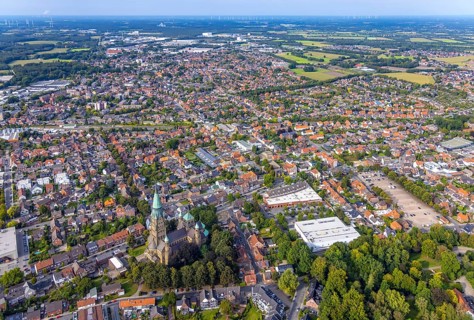Aerial view, St. Anthony's Basilica Catholic Church in Rheine City in Rheine, Münsterland, North