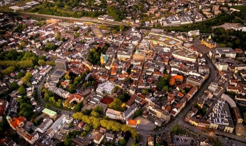 Aerial view, old town with Kaiserwall, Palais Vest shopping centre, town hall, catholic