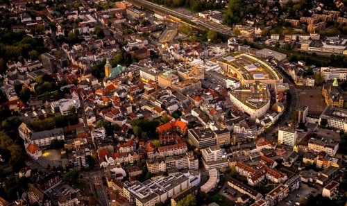Aerial view, old town with Kaiserwall, Palais Vest shopping centre, catholic ProbsteiKirche St.