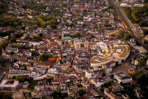 Aerial view, old town with Kaiserwall, Palais Vest shopping centre, catholic ProbsteiKirche St.