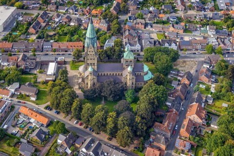 Aerial view, St. Anthony's Basilica Catholic Church in Rheine City in Rheine, Münsterland, North