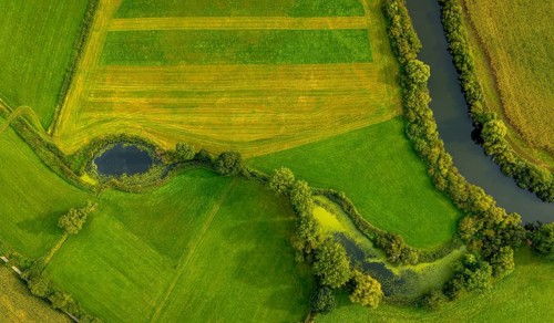 Aerial view, river Ems in the nature reserve Emsaue at the district Gellendorf in Rheine,