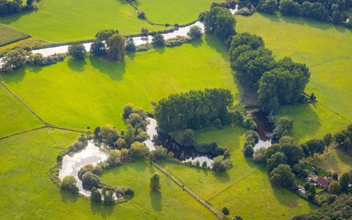 Aerial view, river Ems in the nature reserve Emsaue at the district Gellendorf in Rheine,