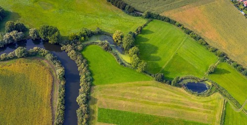 Aerial view, river Ems in the nature reserve Emsaue at the district Gellendorf in Rheine,